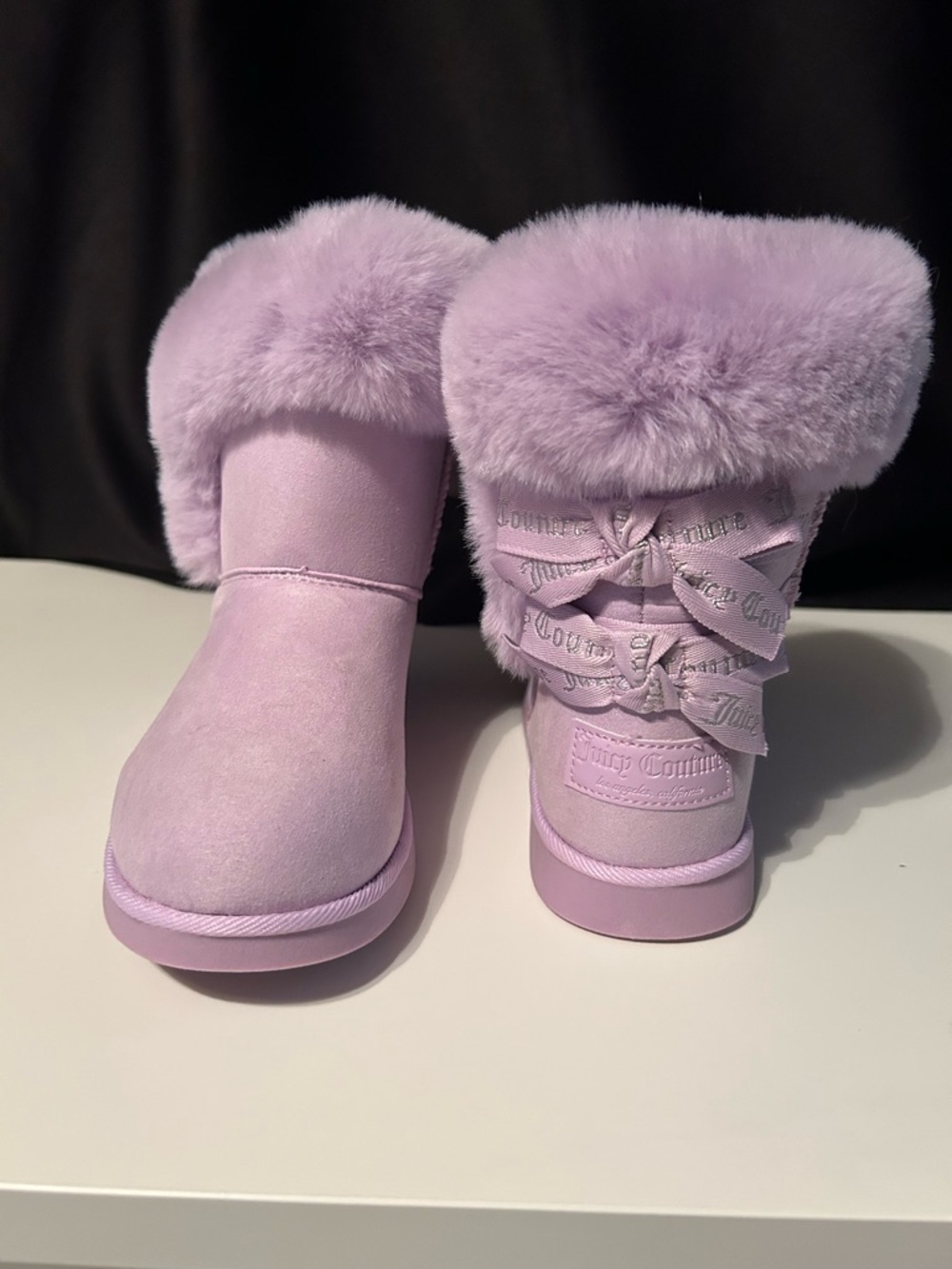 Juicy Couture Lilac Faux-Fur Boots with Branded Ribbon Bows